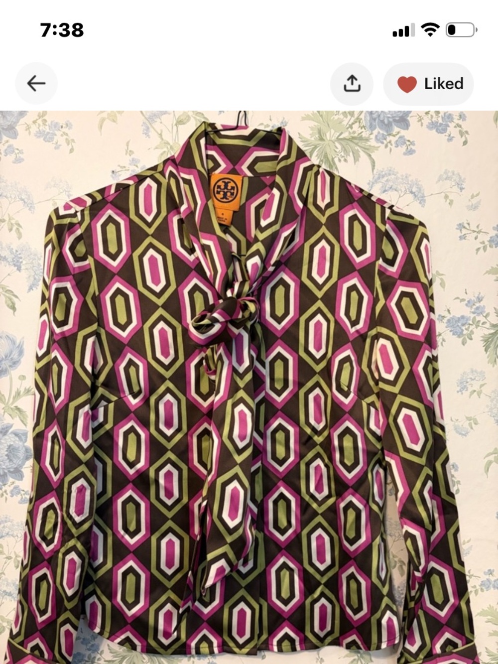 Tory Burch Olive & Pink Geometric Tie-Neck Blouse